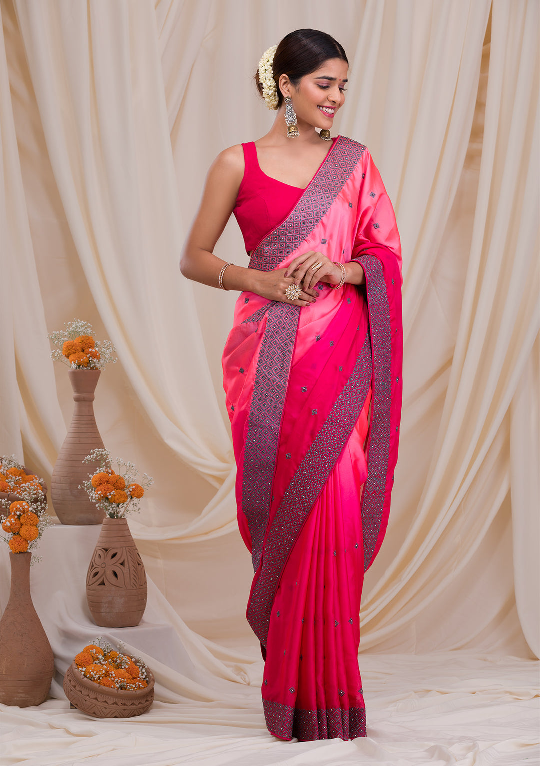 Baby Pink Swarovski Georgette Designer Saree-Koskii