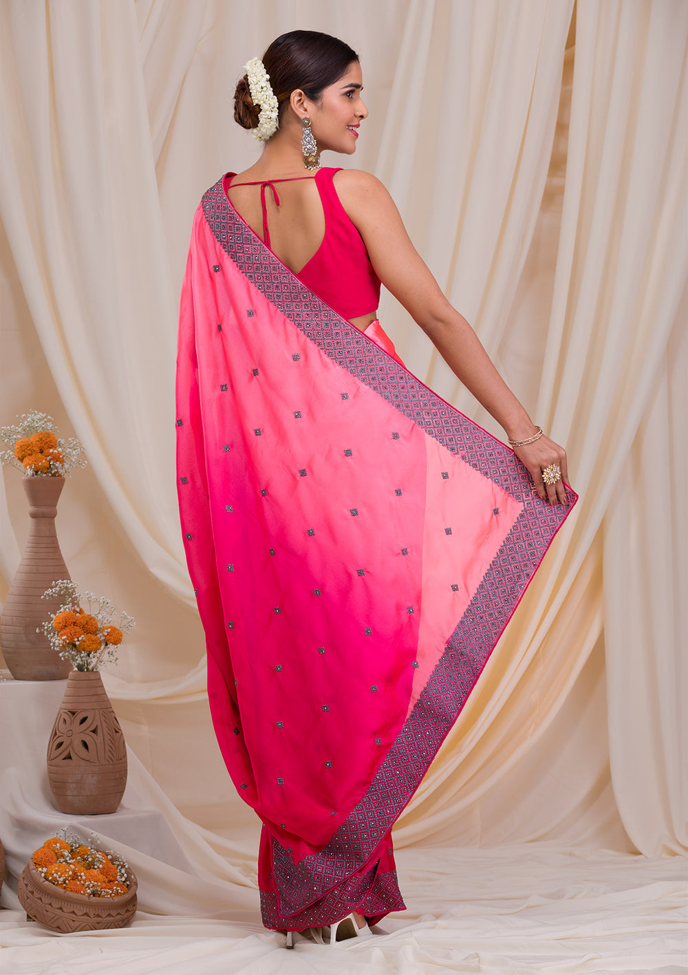 Baby Pink Swarovski Georgette Designer Saree-Koskii