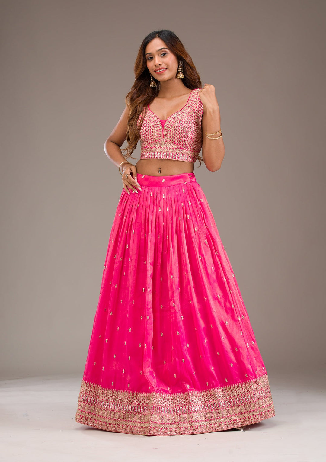 Pink Zariwork Semi Crepe Readymade Lehenga