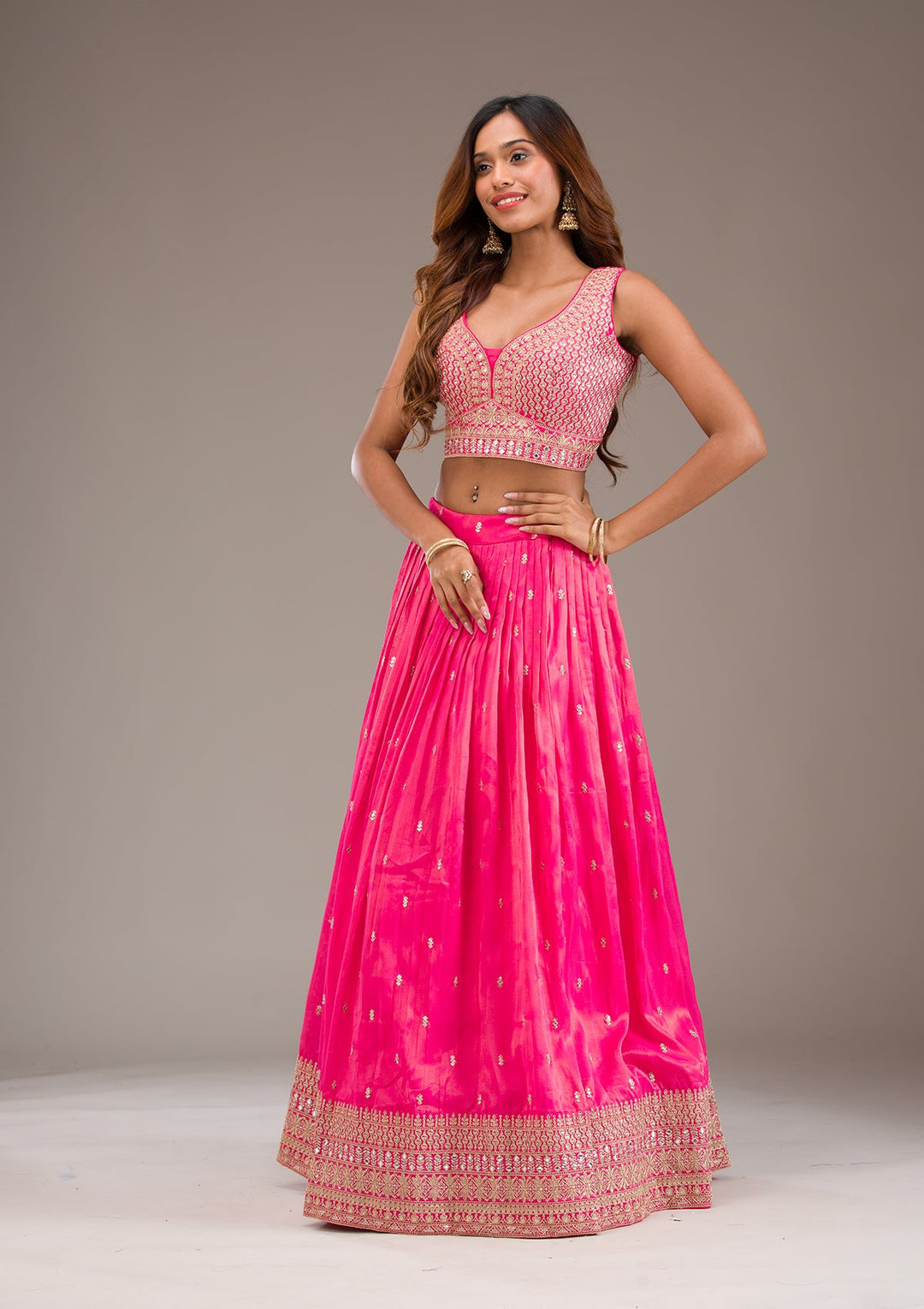 Pink Zariwork Semi Crepe Readymade Lehenga