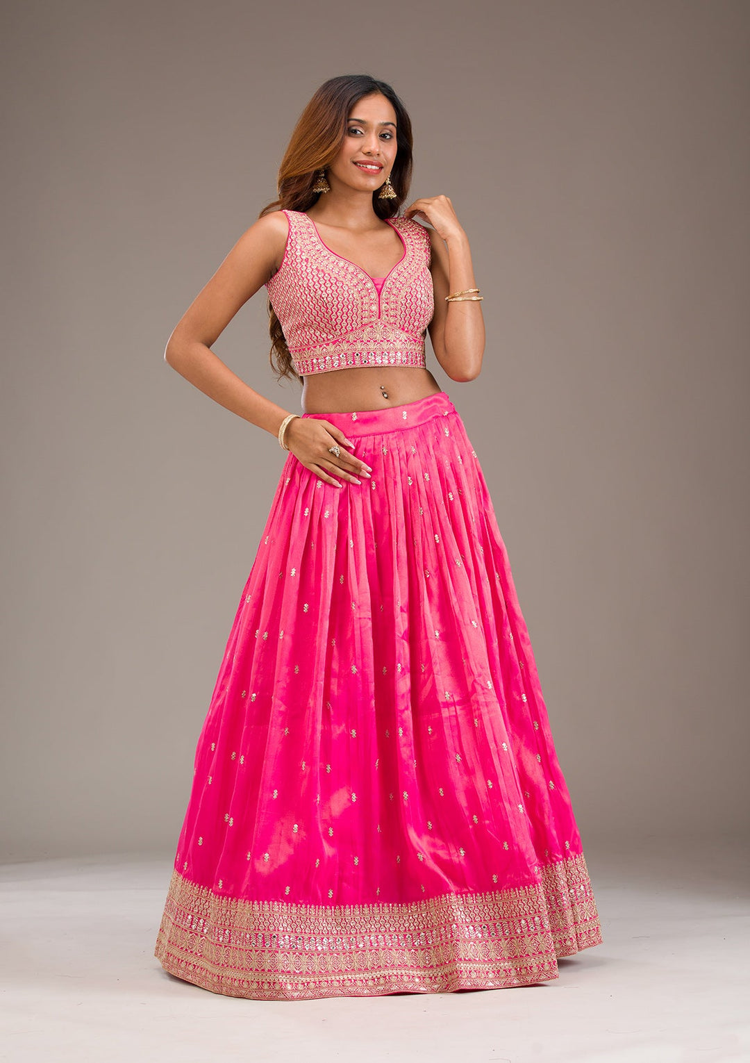 Pink Zariwork Semi Crepe Readymade Lehenga