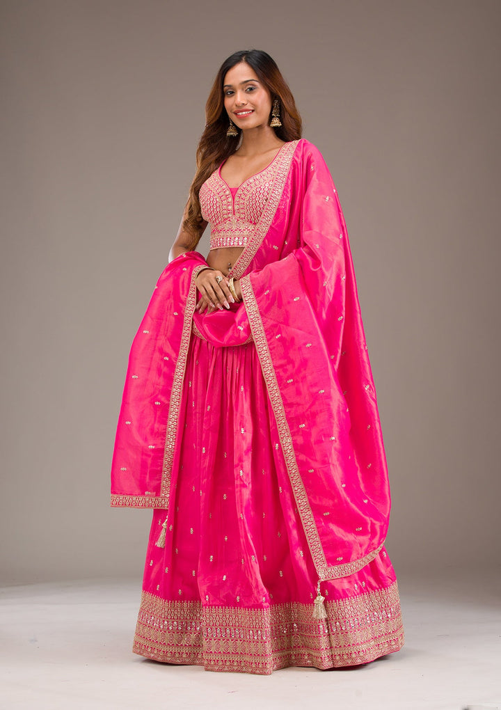 Pink Zariwork Semi Crepe Readymade Lehenga-Koskii