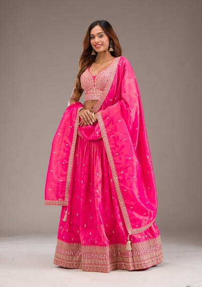 Pink Zariwork Semi Crepe Readymade Lehenga-Koskii