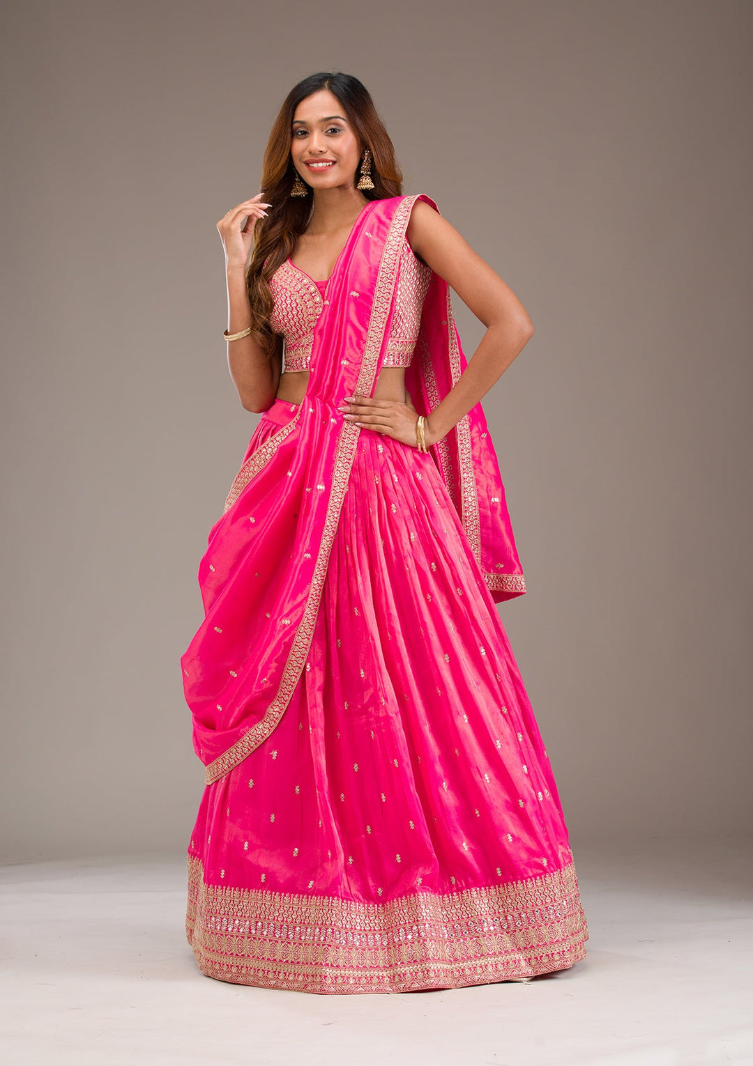 Pink Zariwork Semi Crepe Readymade Lehenga