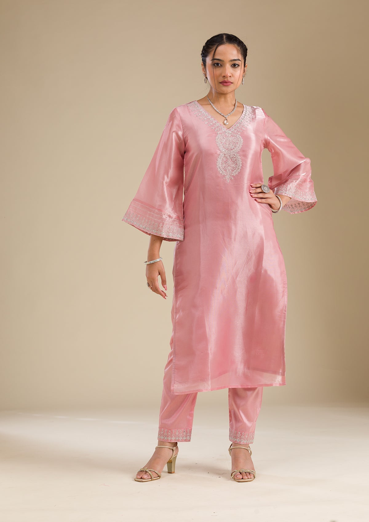 Pink Zariwork Semi Crepe Readymade Salwar Suit-Koskii