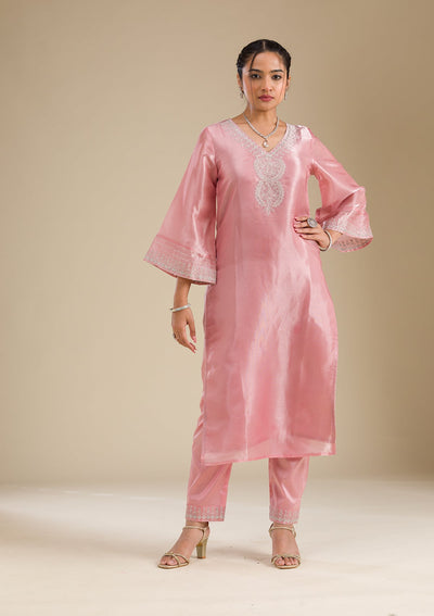 Pink Zariwork Semi Crepe Readymade Salwar Suit-Koskii