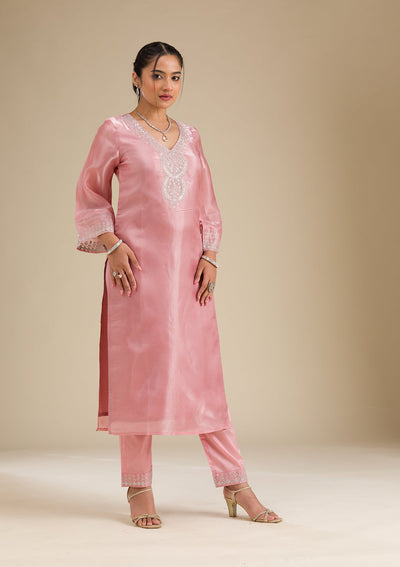 Pink Zariwork Semi Crepe Readymade Salwar Suit-Koskii