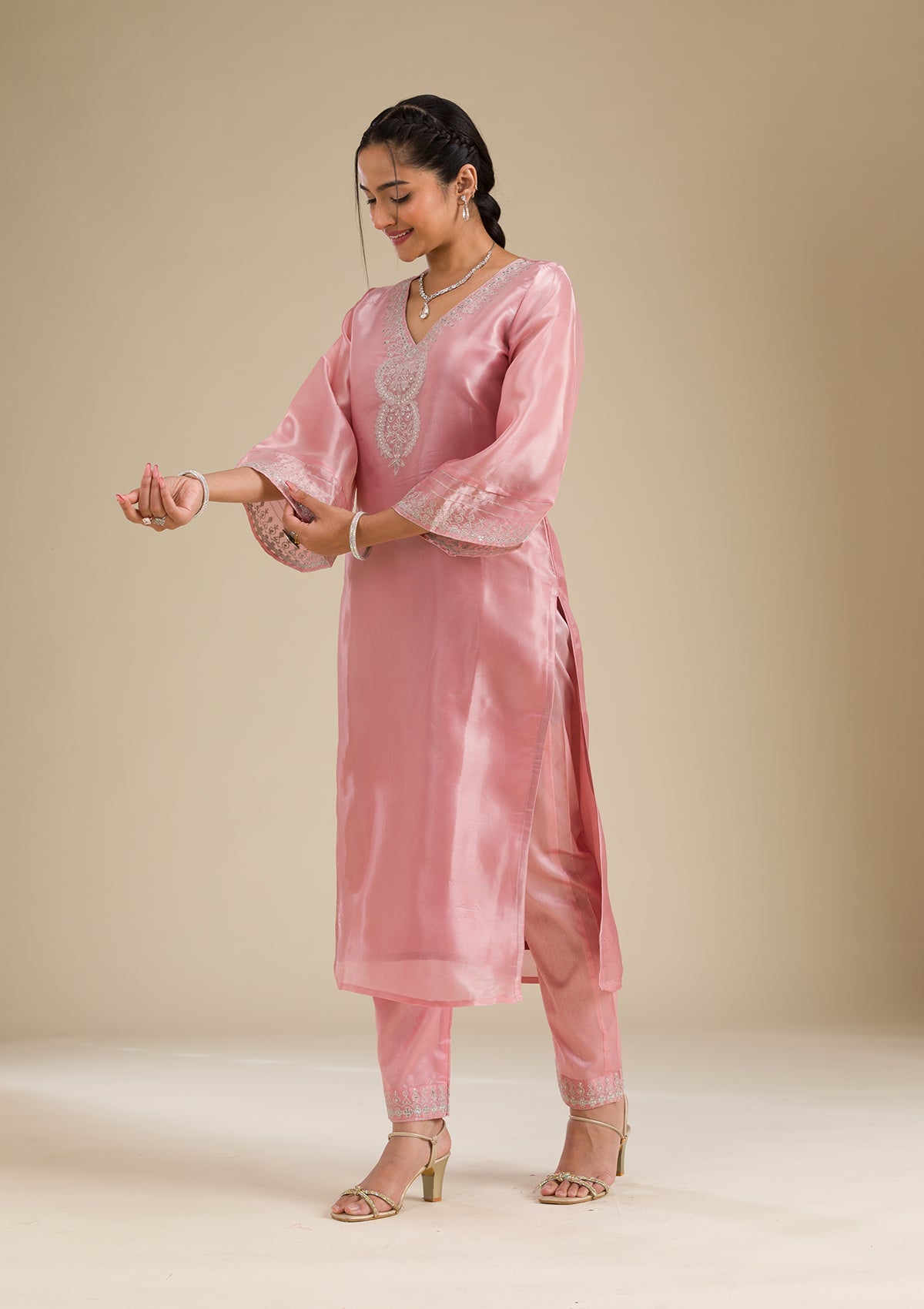 Pink Zariwork Semi Crepe Readymade Salwar Suit-Koskii