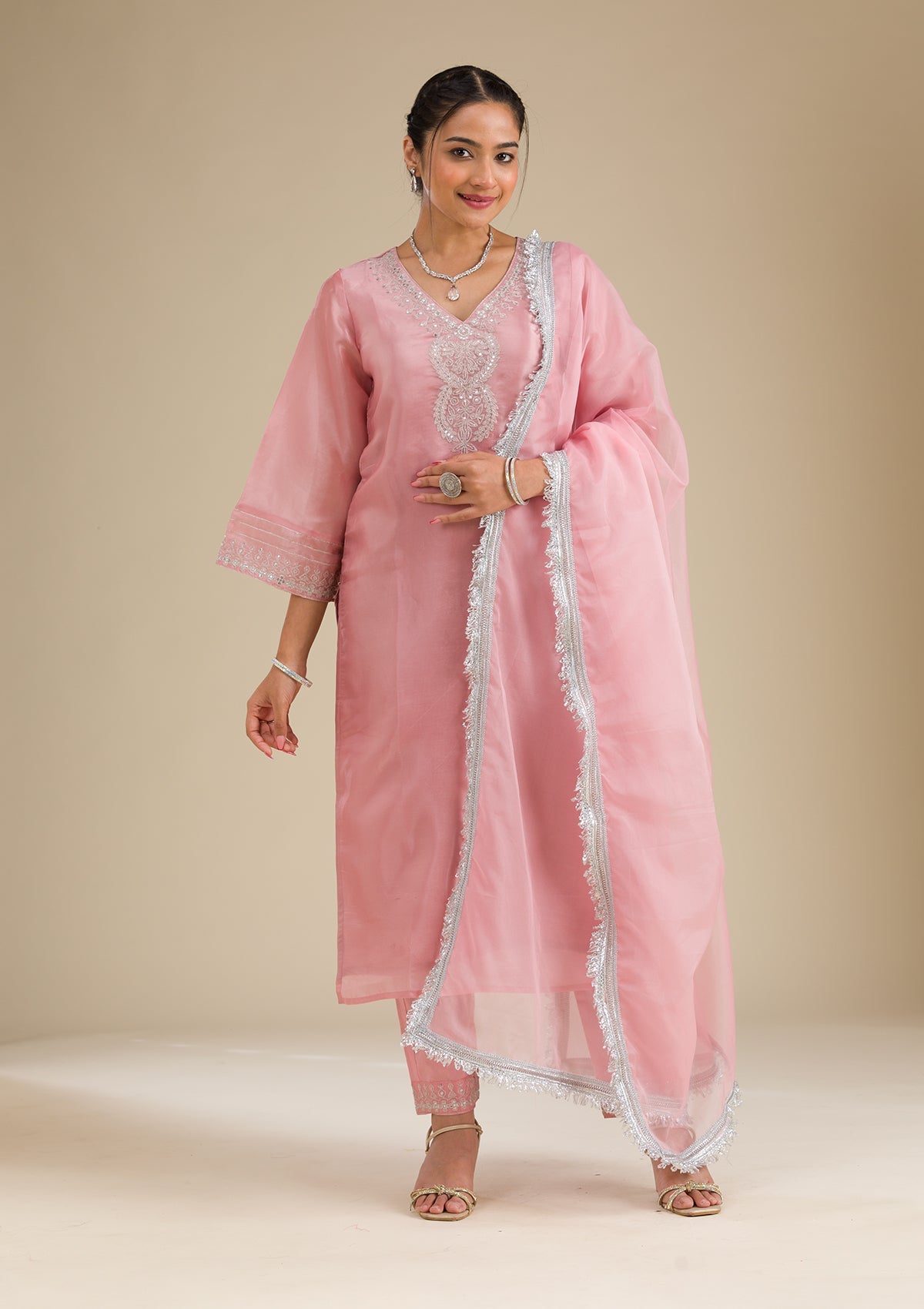 Pink Zariwork Semi Crepe Readymade Salwar Suit-Koskii