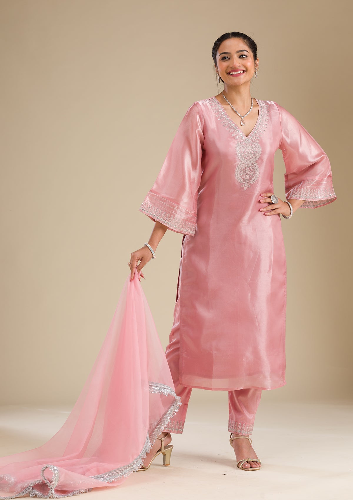 Pink Zariwork Semi Crepe Readymade Salwar Suit-Koskii