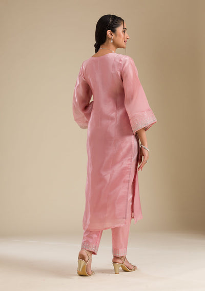 Pink Zariwork Semi Crepe Readymade Salwar Suit-Koskii