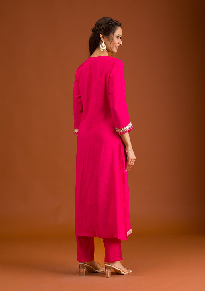 Pink Zariwork Semi Crepe Readymade Salwar Suit-Koskii