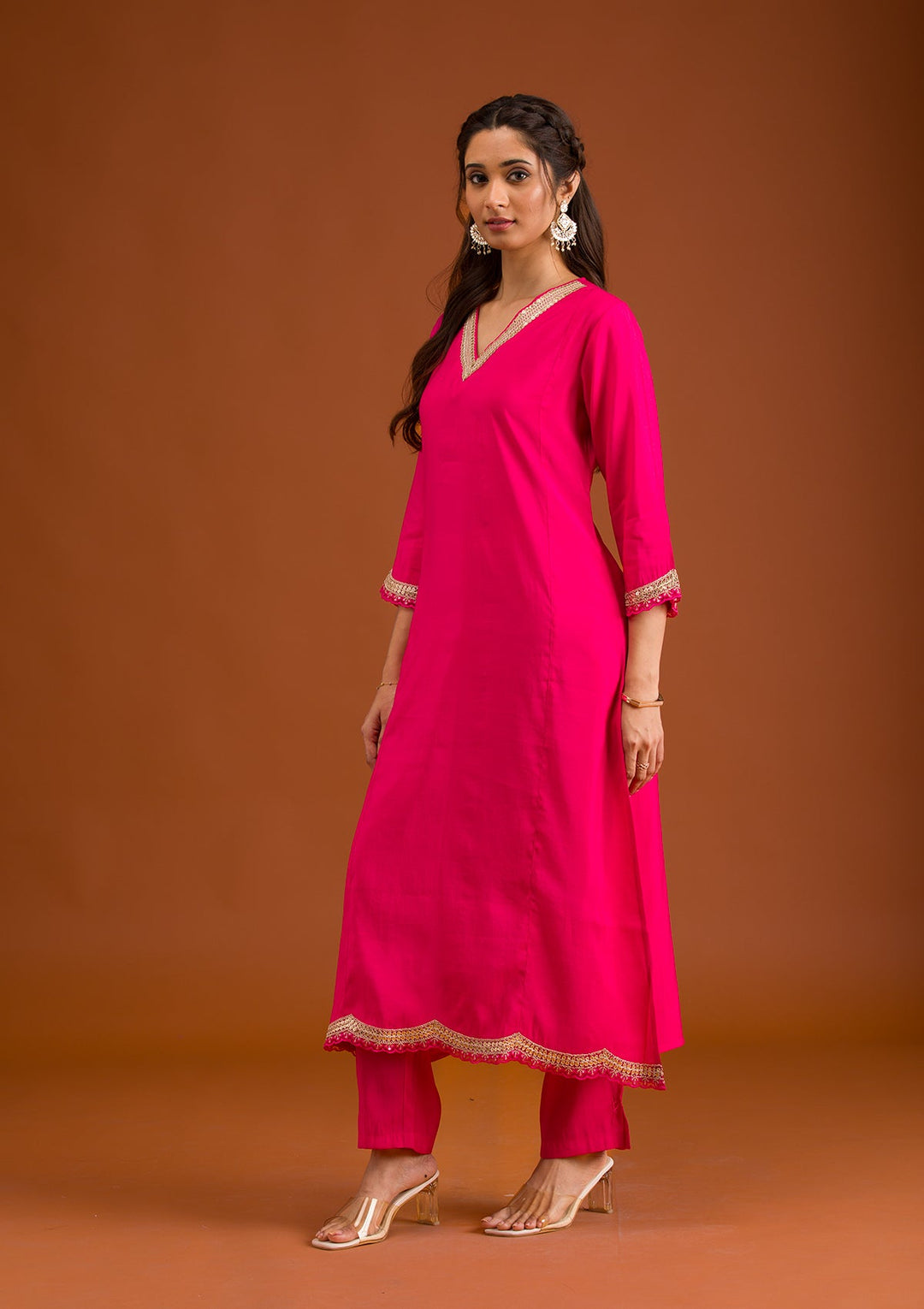 Pink Zariwork Semi Crepe Readymade Salwar Suit-Koskii