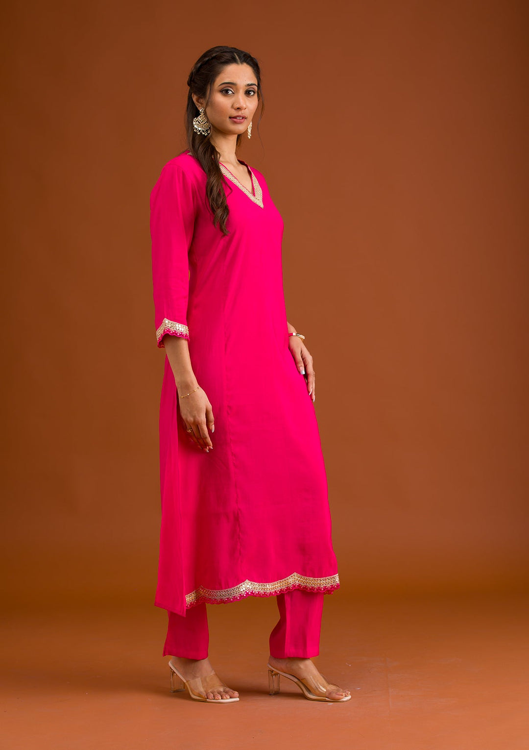 Pink Zariwork Semi Crepe Readymade Salwar Suit-Koskii