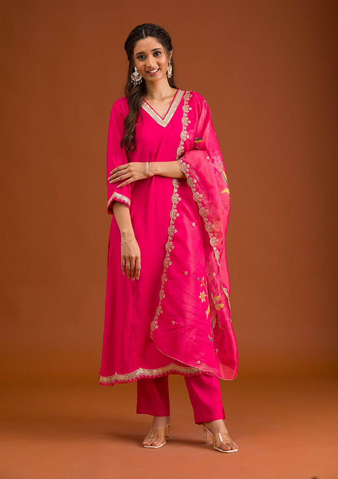 Pink Zariwork Semi Crepe Readymade Salwar Suit-Koskii
