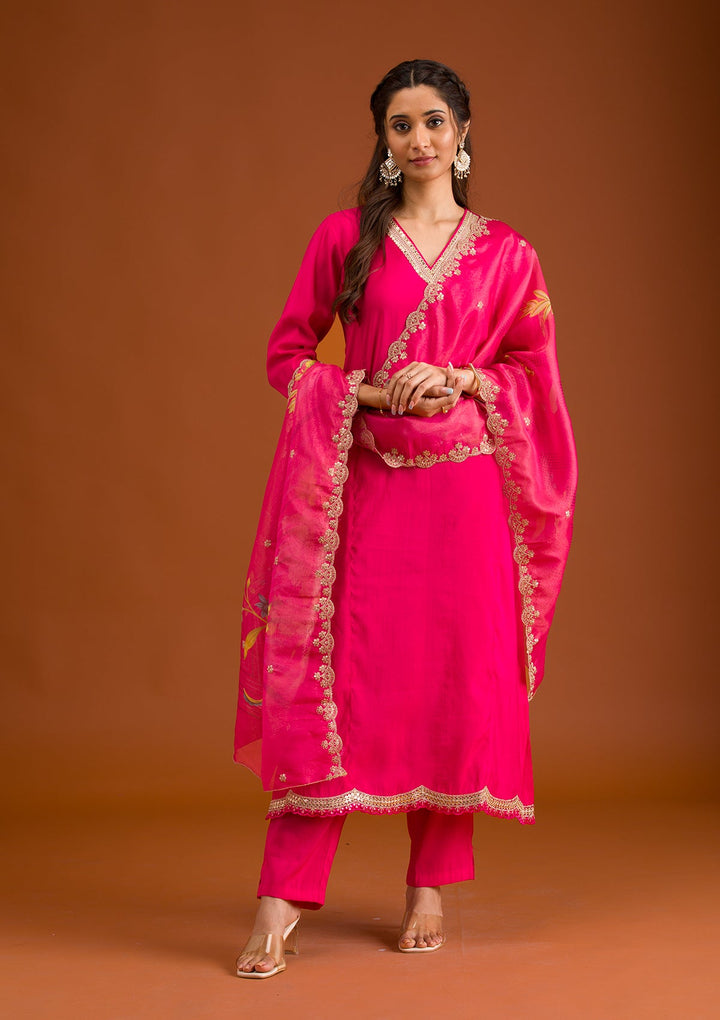 Pink Zariwork Semi Crepe Readymade Salwar Suit-Koskii