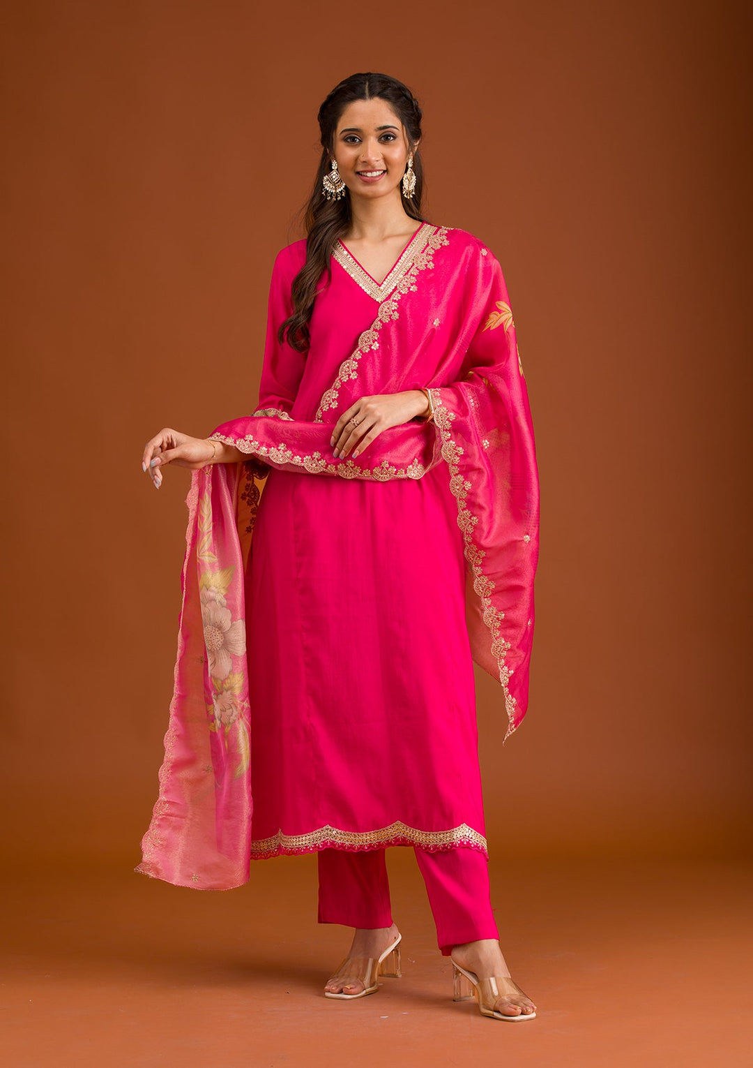 Pink Zariwork Semi Crepe Readymade Salwar Suit-Koskii