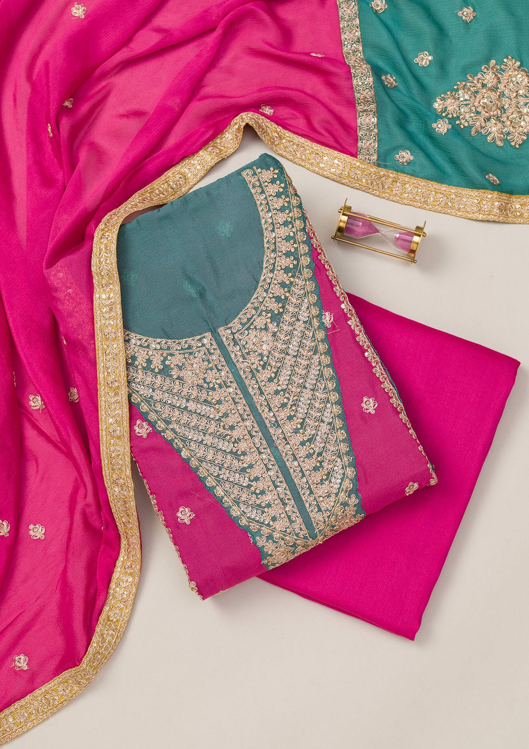 Pink Zariwork Semi Crepe Unstitched Salwar Suit-Koskii