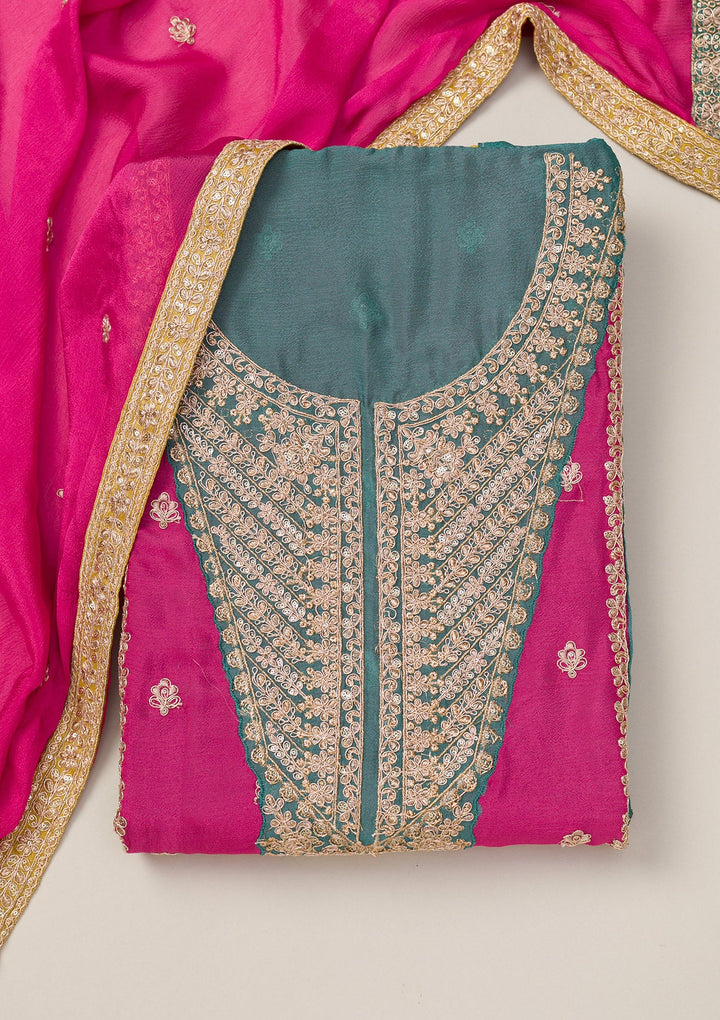 Pink Zariwork Semi Crepe Unstitched Salwar Suit-Koskii