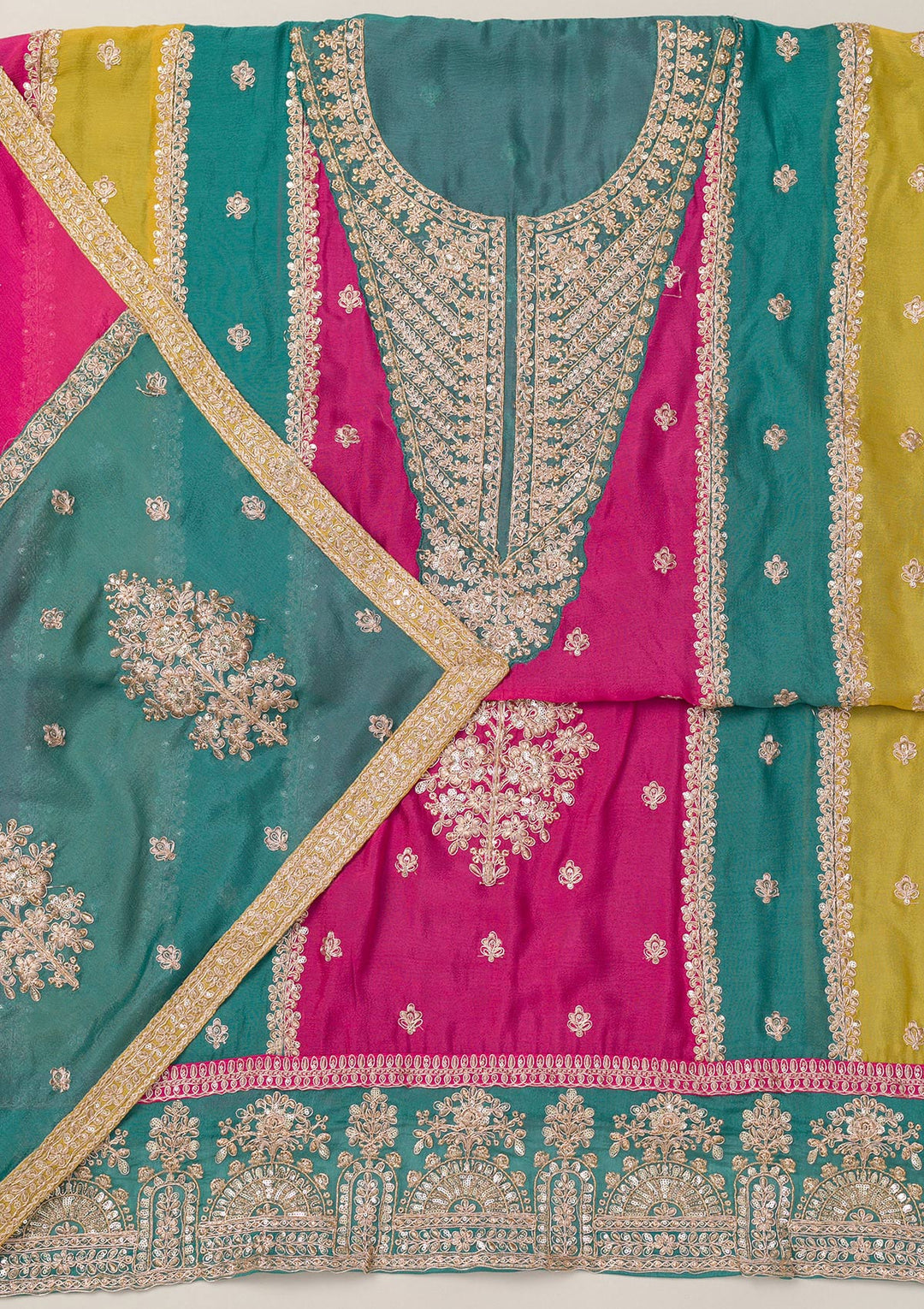 Pink Zariwork Semi Crepe Unstitched Salwar Suit-Koskii