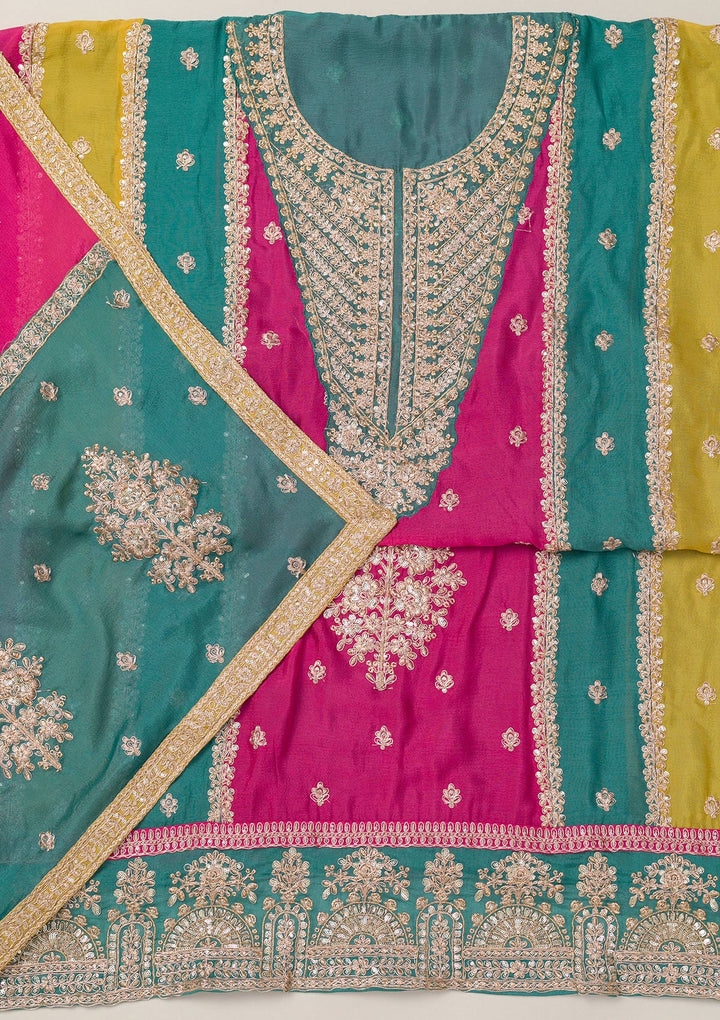 Pink Zariwork Semi Crepe Unstitched Salwar Suit-Koskii