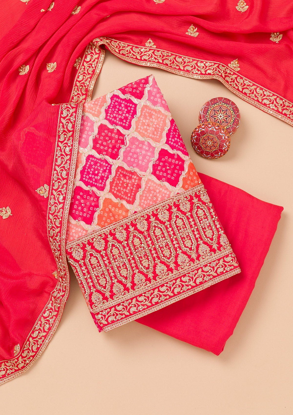 Pink Zariwork Semi Crepe Unstitched Salwar Suit-Koskii