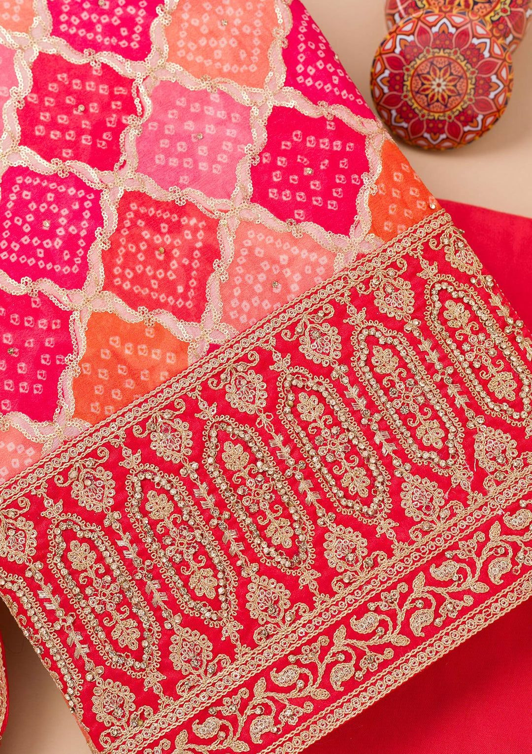 Pink Zariwork Semi Crepe Unstitched Salwar Suit-Koskii