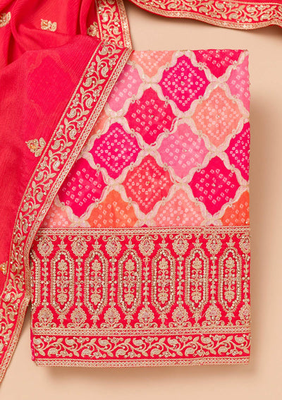 Pink Zariwork Semi Crepe Unstitched Salwar Suit-Koskii