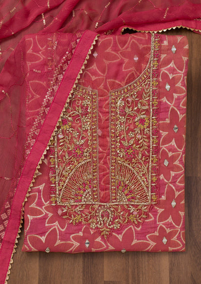 Pink Zariwork Semi Crepe Unstitched Salwar Suit-Koskii