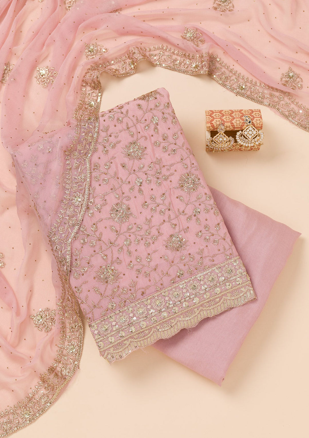 Pink Zariwork Semi Crepe Unstitched Salwar Suit-Koskii