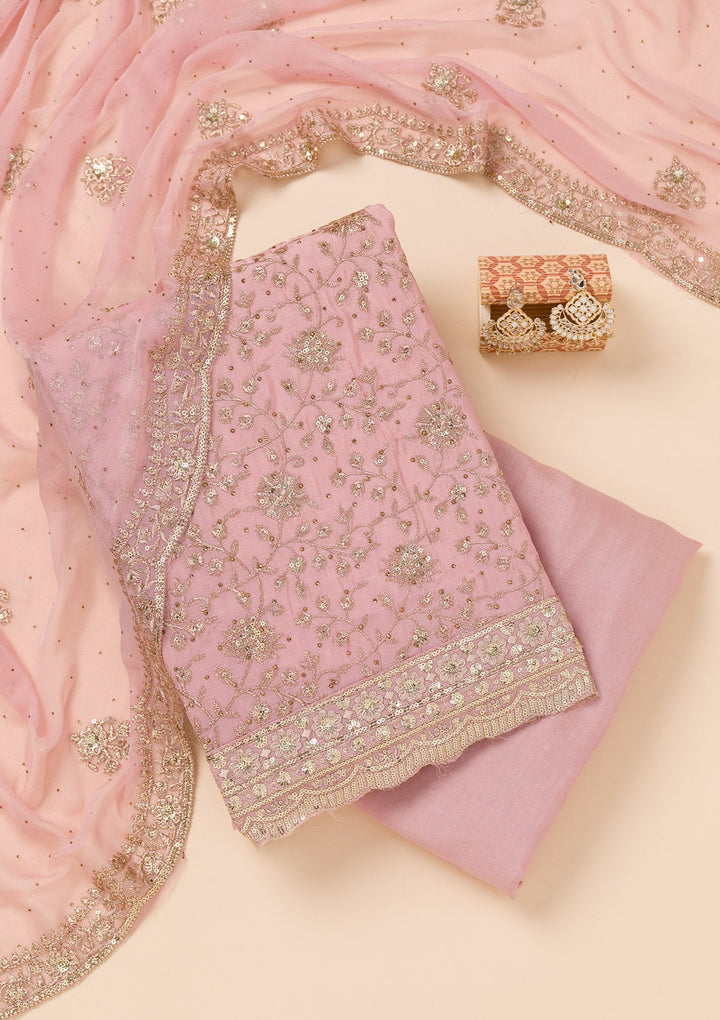 Pink Zariwork Semi Crepe Unstitched Salwar Suit-Koskii