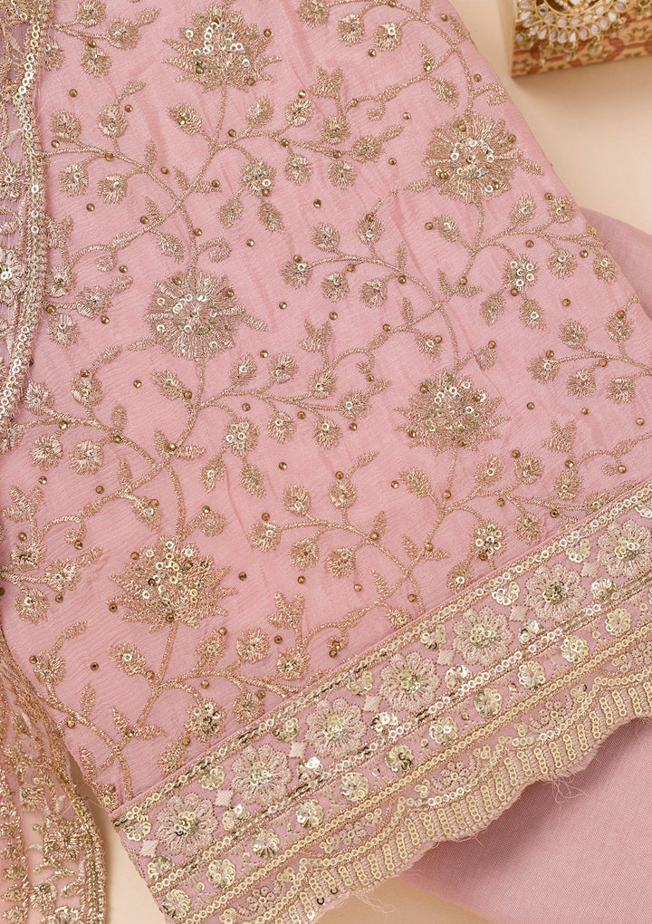 Pink Zariwork Semi Crepe Unstitched Salwar Suit-Koskii