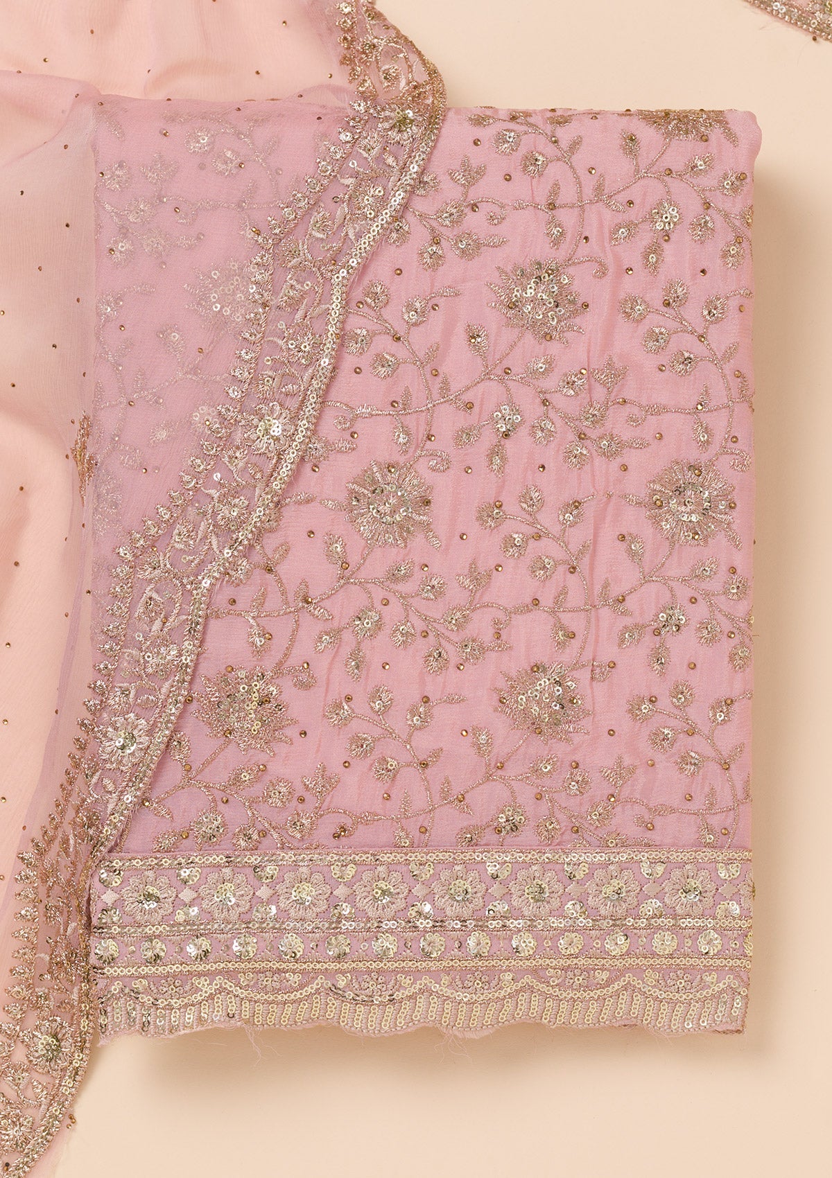 Pink Zariwork Semi Crepe Unstitched Salwar Suit-Koskii