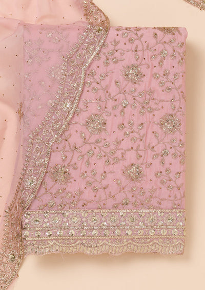 Pink Zariwork Semi Crepe Unstitched Salwar Suit-Koskii