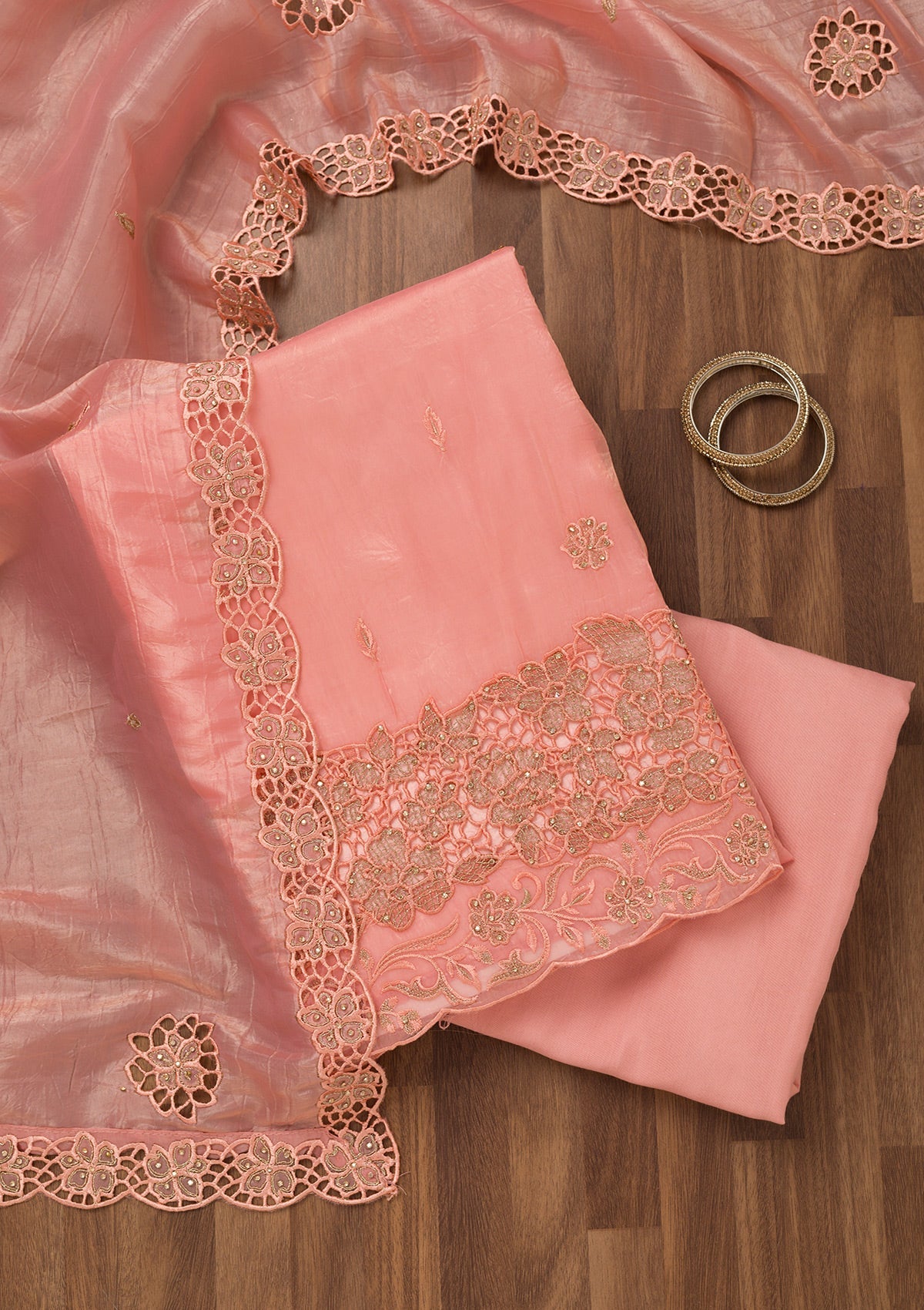 Pink Zariwork Semi Crepe Unstitched Salwar Suit-Koskii