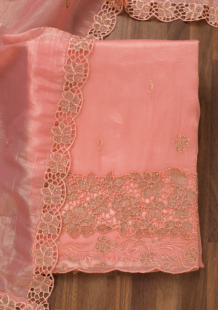 Pink Zariwork Semi Crepe Unstitched Salwar Suit-Koskii