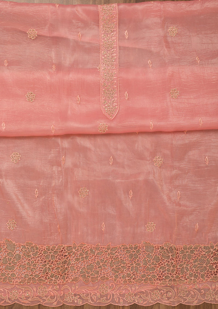 Pink Zariwork Semi Crepe Unstitched Salwar Suit-Koskii