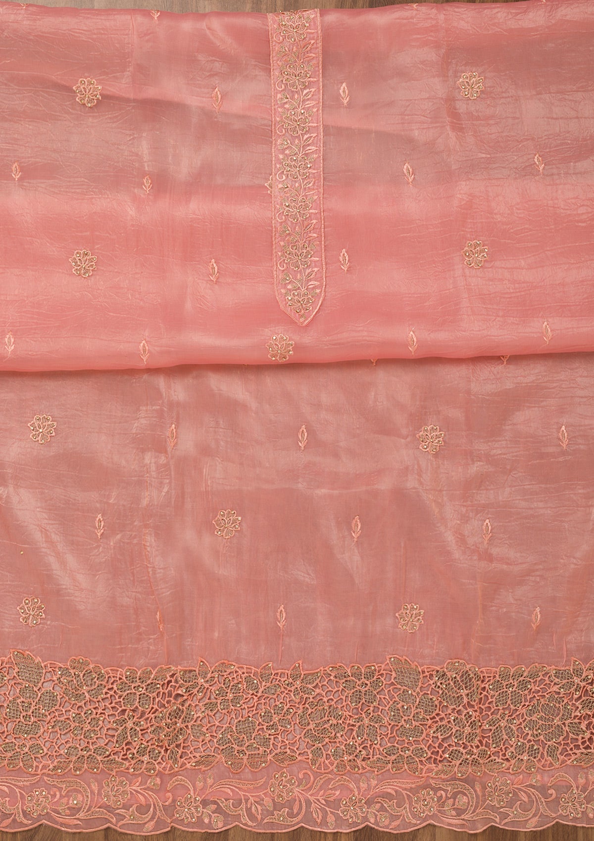 Pink Zariwork Semi Crepe Unstitched Salwar Suit-Koskii