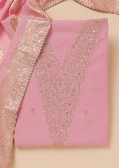 Pink Zariwork Semi Crepe Unstitched Salwar Suit-Koskii