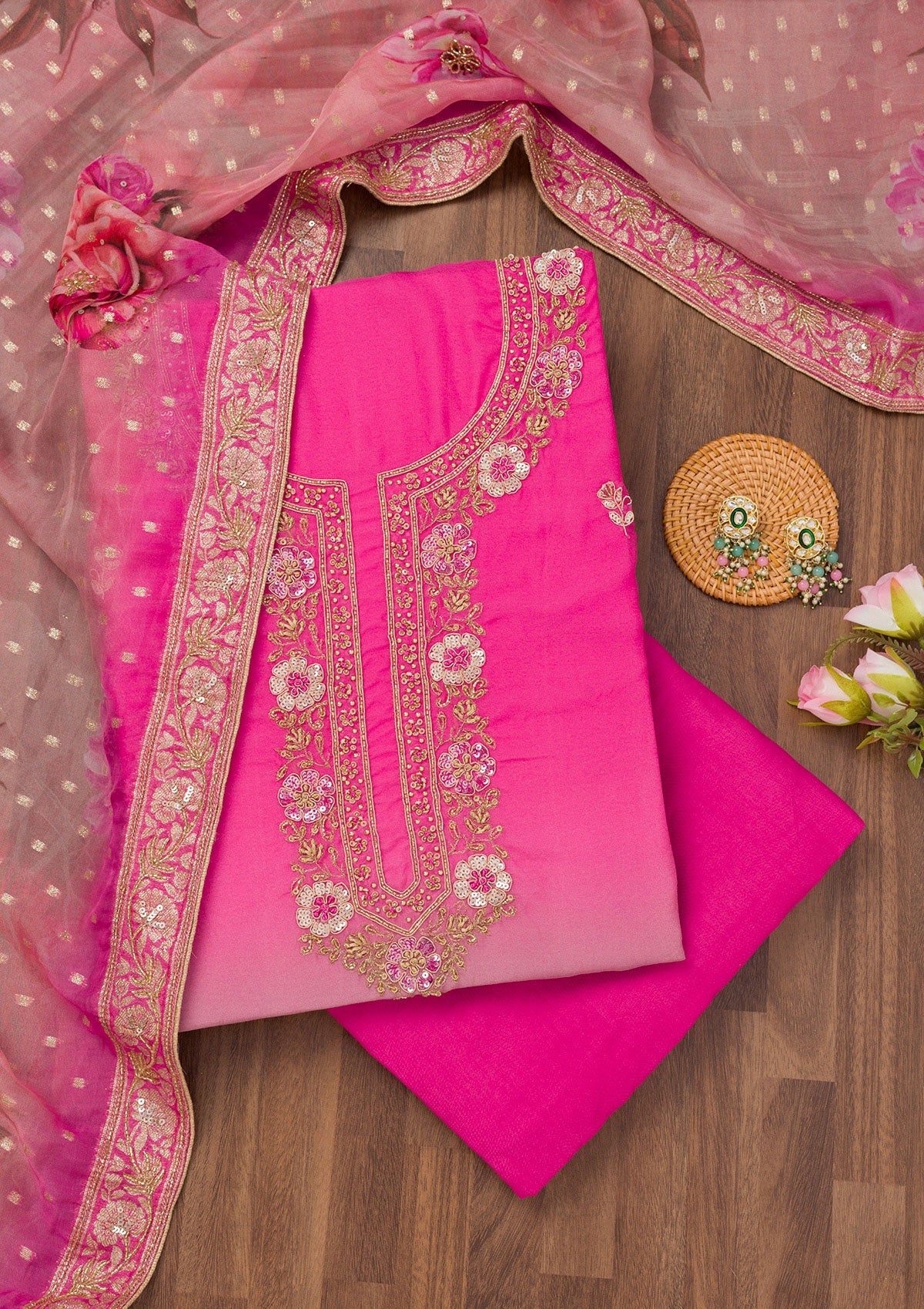 Pink Zariwork Semi Crepe Unstitched Salwar Suit-Koskii