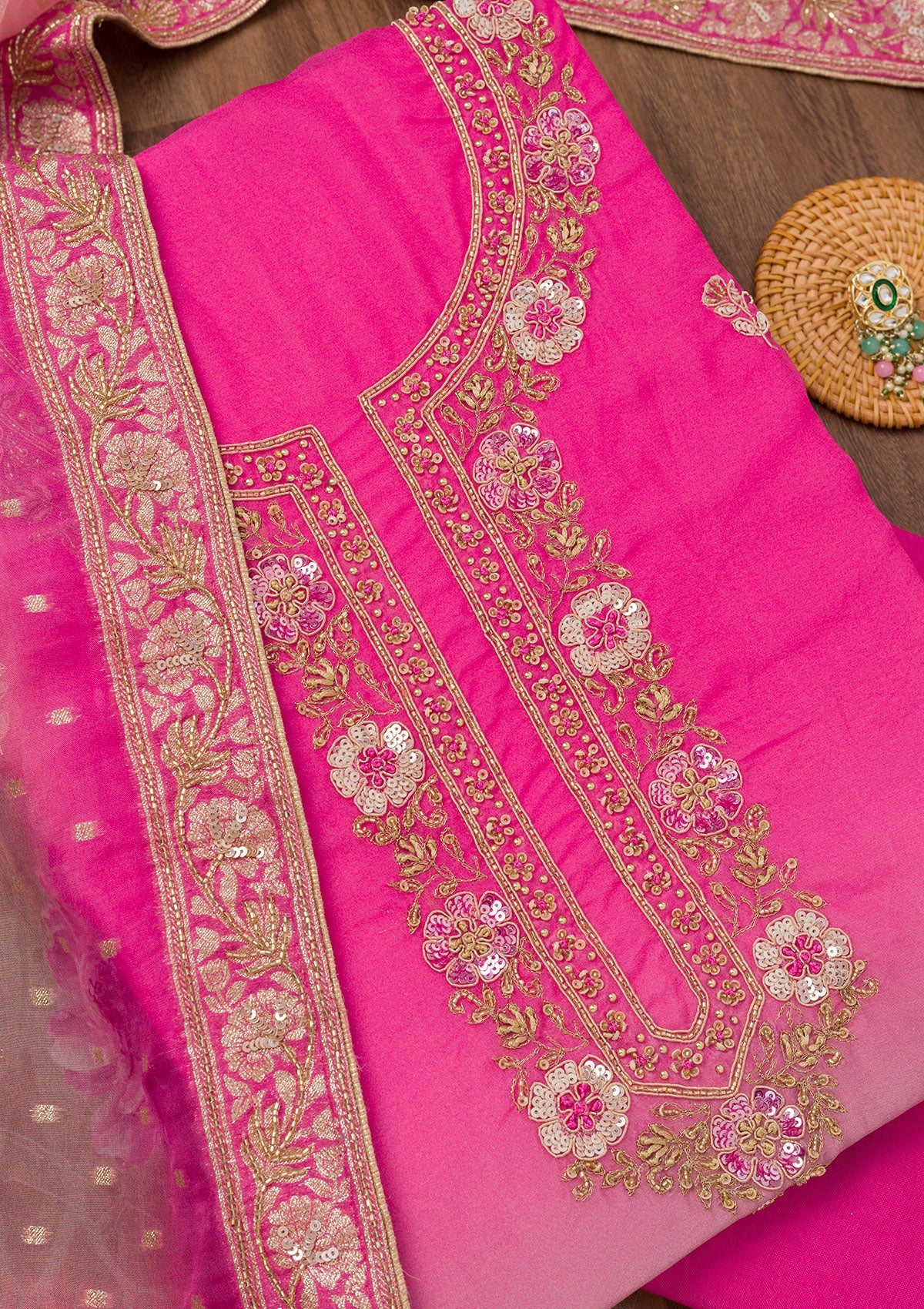 Pink Zariwork Semi Crepe Unstitched Salwar Suit-Koskii