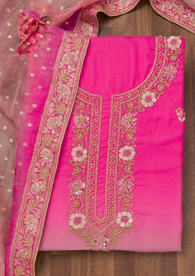 Pink Zariwork Semi Crepe Unstitched Salwar Suit-Koskii