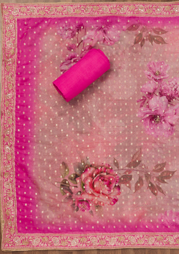 Pink Zariwork Semi Crepe Unstitched Salwar Suit-Koskii