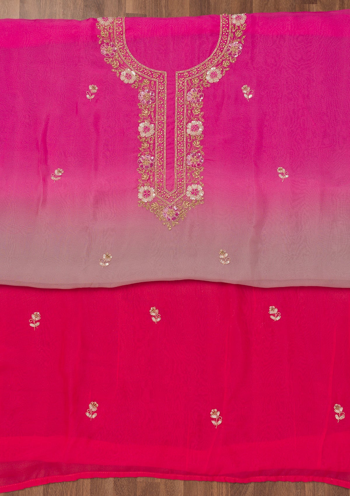 Pink Zariwork Semi Crepe Unstitched Salwar Suit-Koskii