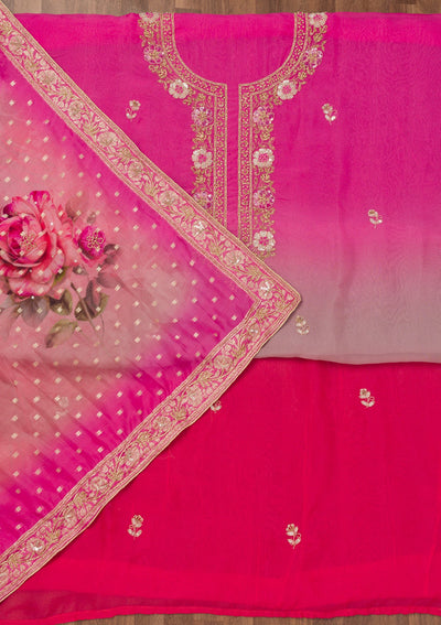 Pink Zariwork Semi Crepe Unstitched Salwar Suit-Koskii