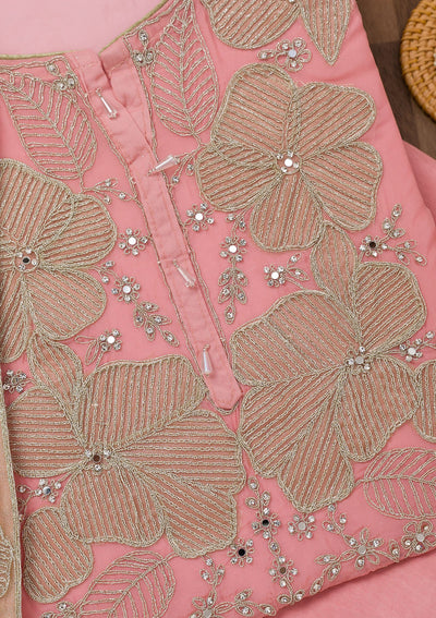 Pink Zariwork Semi Crepe Unstitched Salwar Suit-Koskii