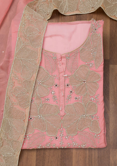 Pink Zariwork Semi Crepe Unstitched Salwar Suit-Koskii