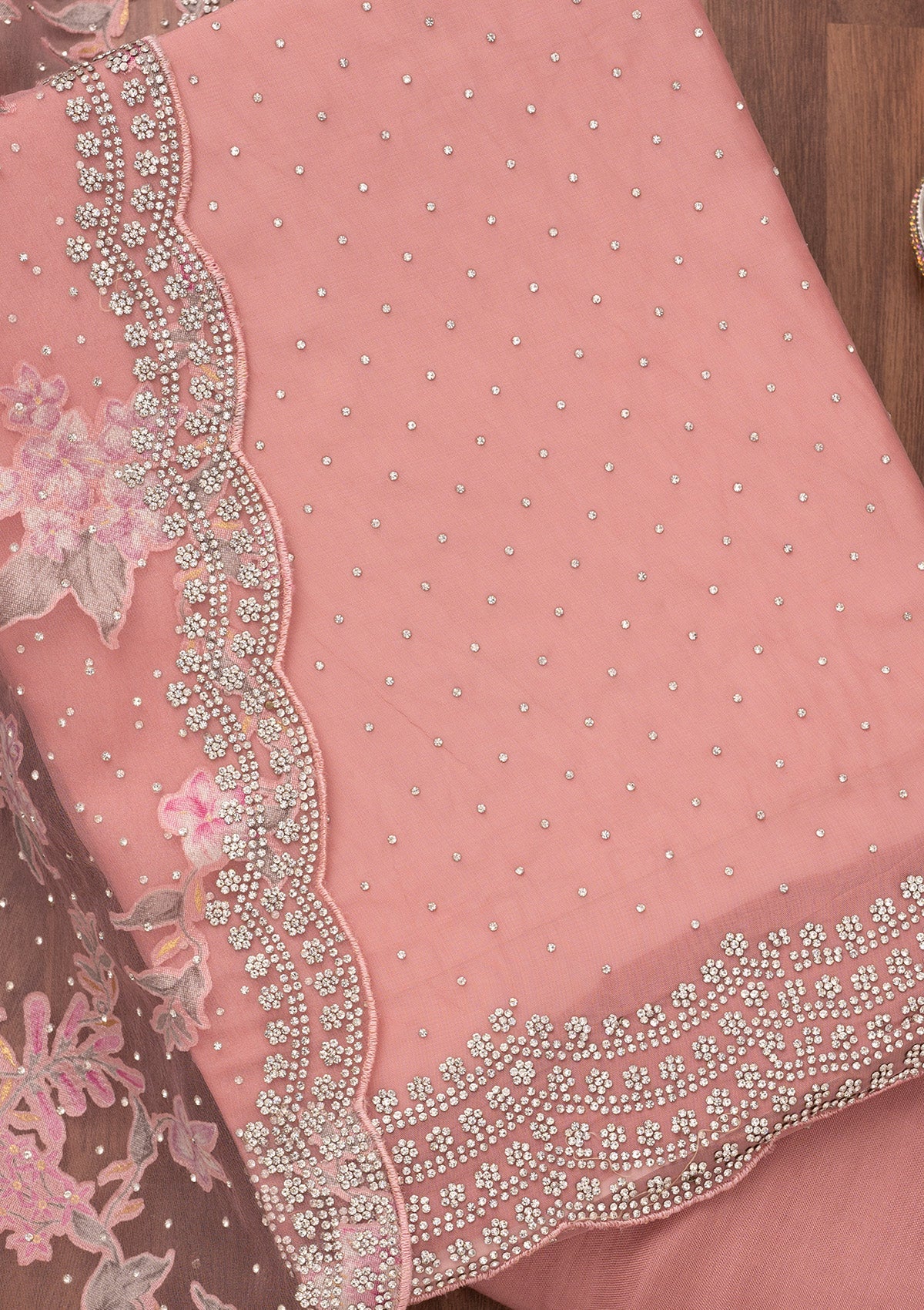 Pink Zariwork Semi Crepe Unstitched Salwar Suit-Koskii