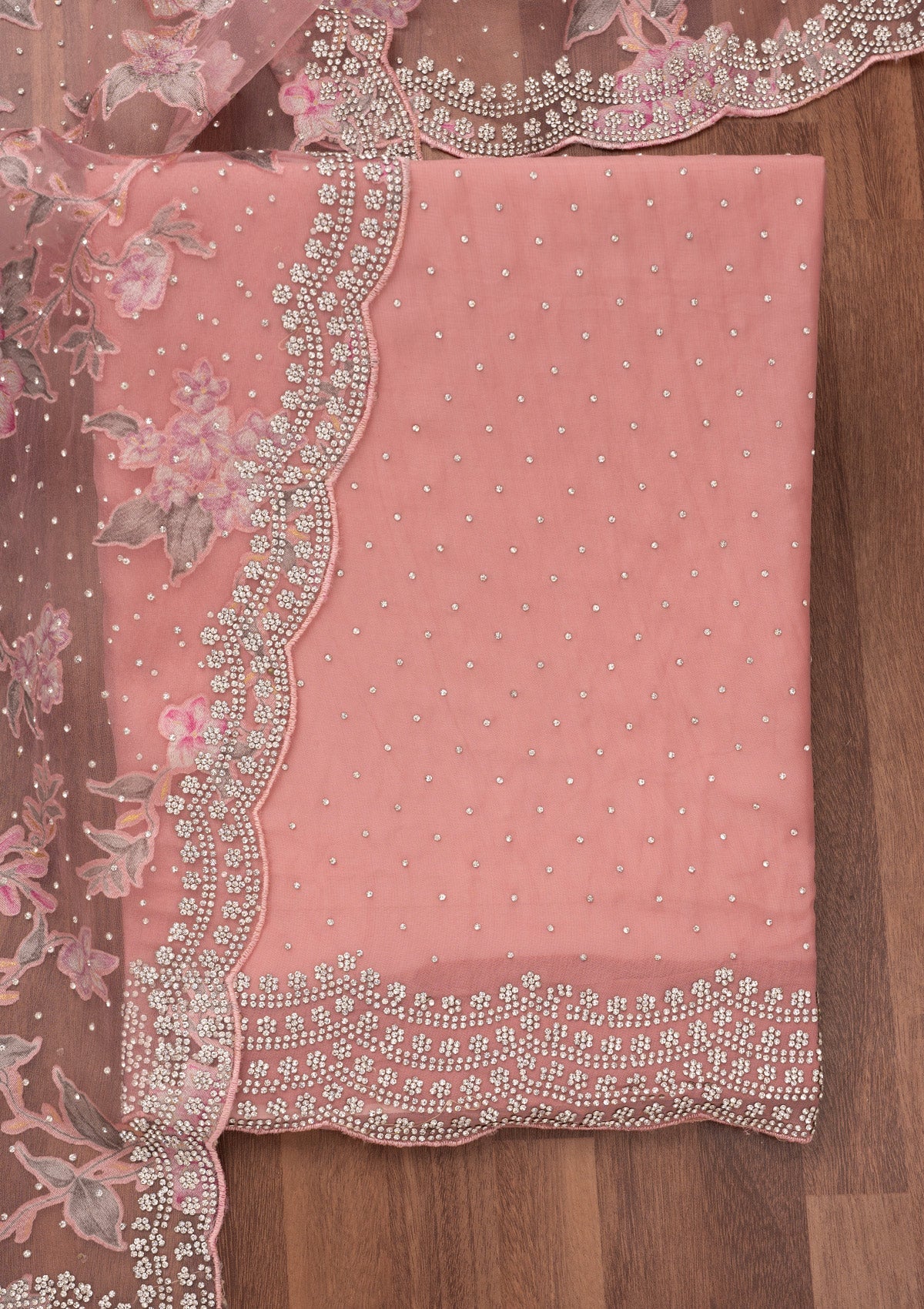 Pink Zariwork Semi Crepe Unstitched Salwar Suit-Koskii