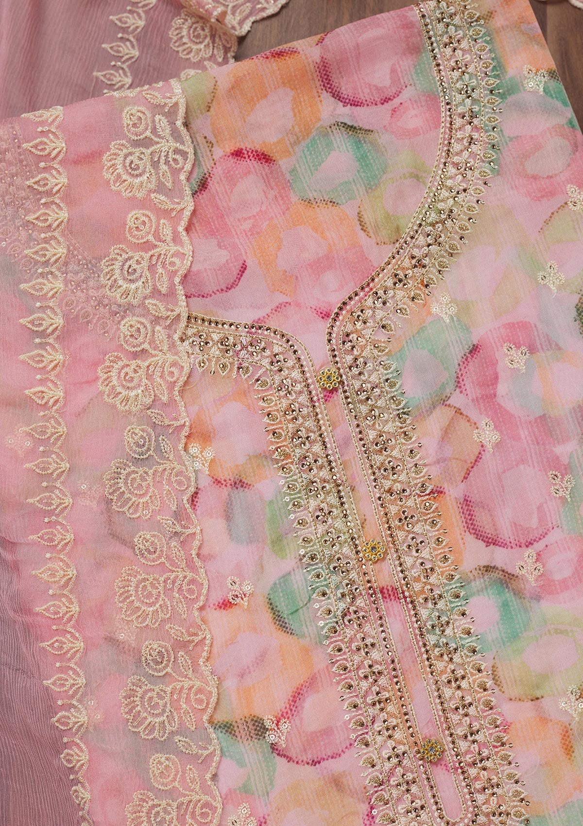 Pink Zariwork Semi Crepe Unstitched Salwar Suit-Koskii